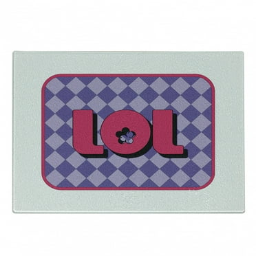 LOL Cutting Board, Laugh out Loud Abbreviation on Checkered Background in Purple Shades Print, Decorative Tempered Glass Cutting and Serving Board, in 3 Sizes, by Ambesonne