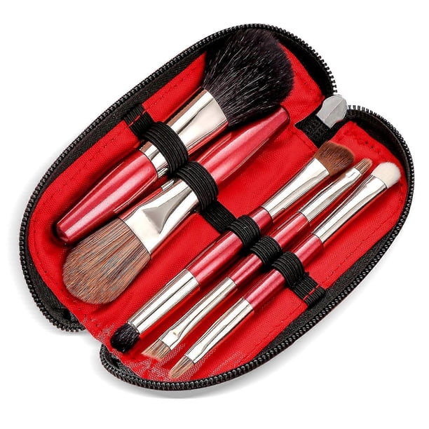 Protable Mini Makeup Brushes Set with Travel Case,5PCS Cosmetic Brushes Kit(Natural and Synthetic Hair)-Includes Foundation-Contouring-Blending-Blush