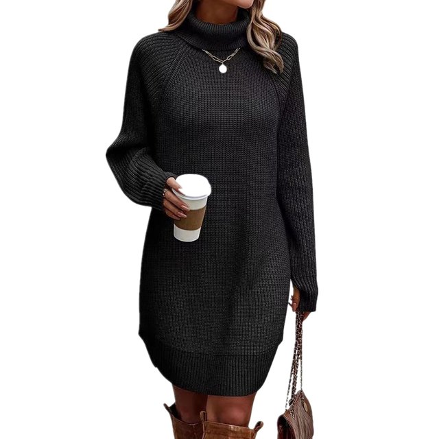 xiaxaixu Robe Mini d'Automne pour Femmes à Manches Longues Col Roulé Couleur Unie Robe Tricotée Robe Chandail Décontractée