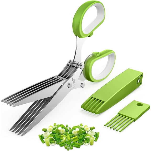 Kitchen Herb Shears Cutter with 5 Blades and Cover, Sharp Dishwasher Safe Kitchen Gadget - Green