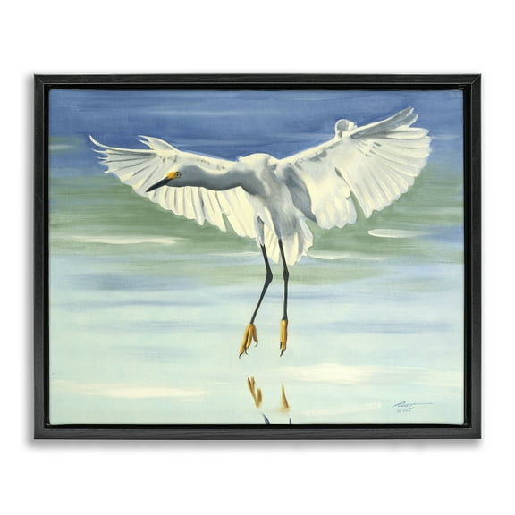 Stupell Industries Snowy Egret on Beach Animals & Insects Painting Black Floater Framed Canvas Art Print Wall Art, 21 x 17