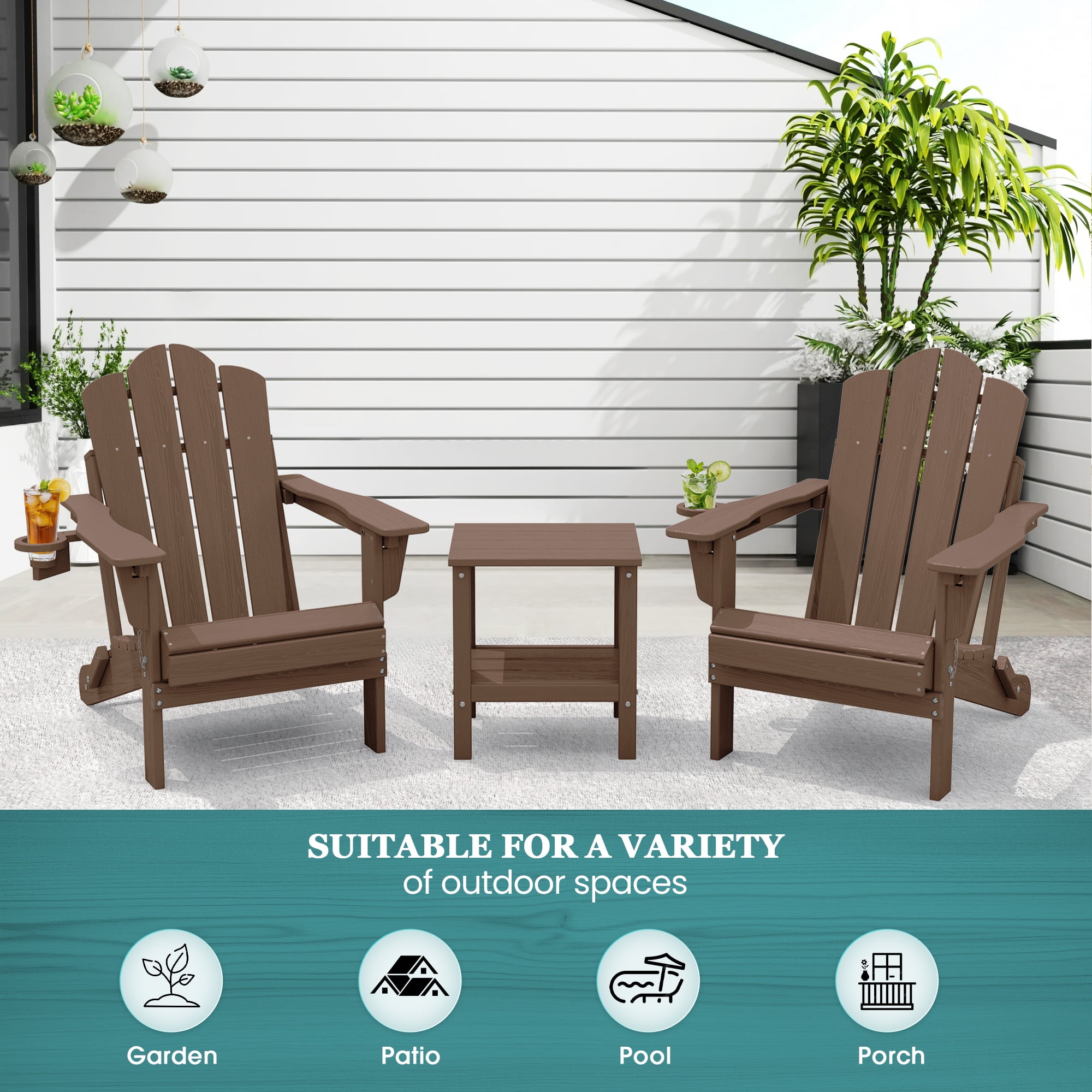 KINGYES Folding Adjustable Adirondack Chairs Set of 4, All Weather Use Reclining Adirondack Chair, HDPE Adirondack Outdoor Chair - Brown