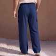thumbnail image 5 of Men's Cotton Linen Beach Pants Relaxed Fit Hiking Pants Button Lightweight Stretch Cargo Work Pants with Multi Pocket, 5 of 9