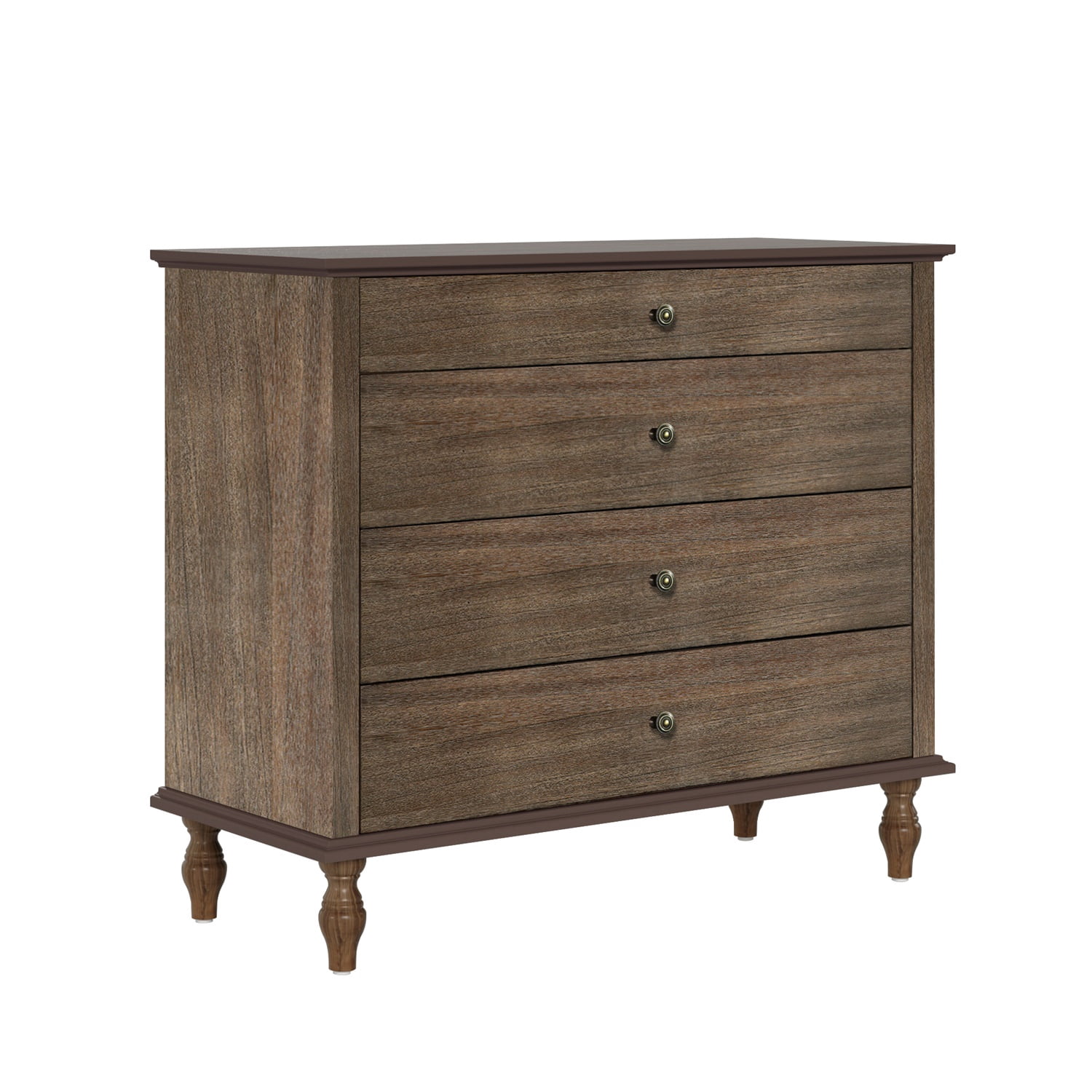 Hommoo 4-Drawer Antique Wooden Dresser with Brushed Rustic Brown Finish, Solid Wood Feet & Metal Knobs, Bedroom or Nursery Chest with Anti-Tip Kit, Rustic Brown