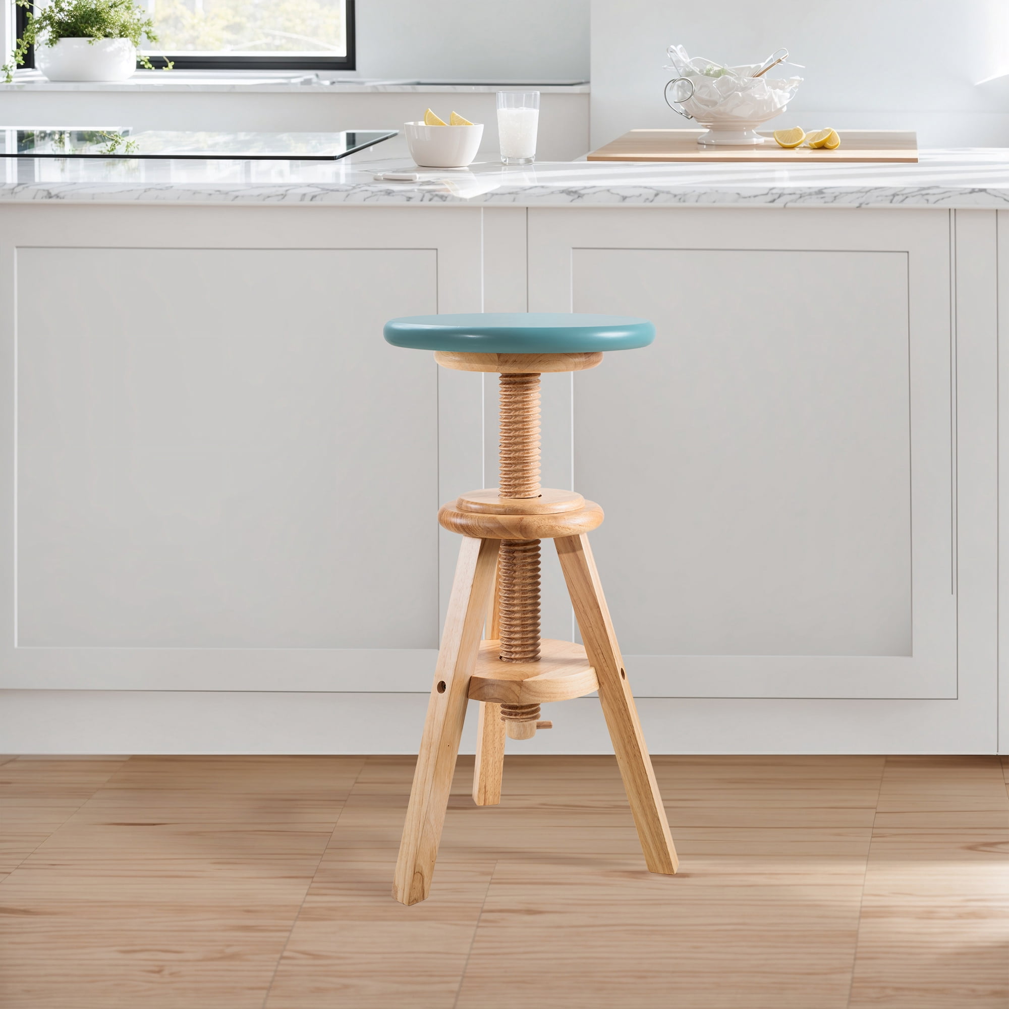 eHemco Swivel Solid Wood Adjustable Bar Stool, 18.9 to 25.2 Inches, Natural Base with Teal Top