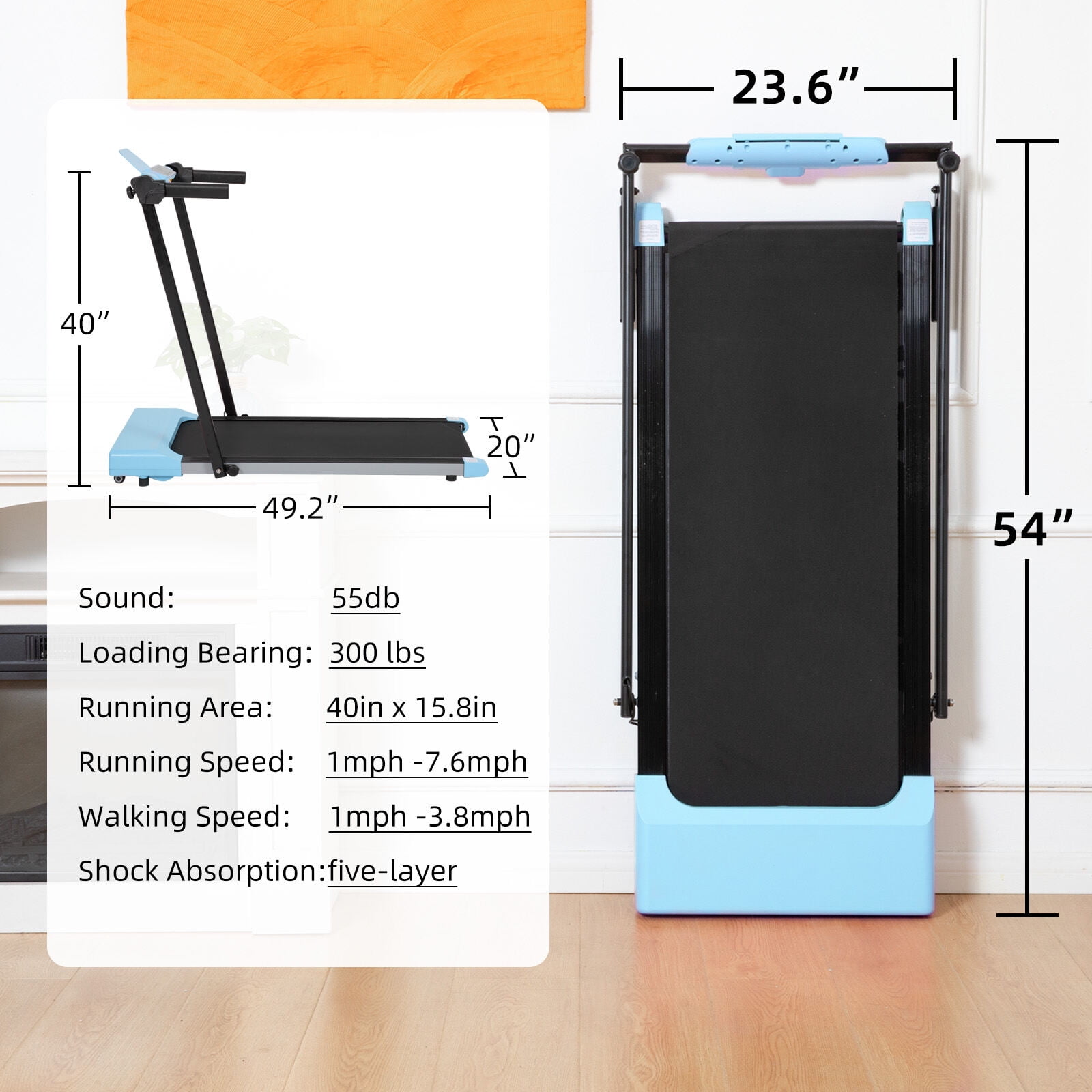 Treadmill for Home Use with LED Display, 7.5MPH Folding Treadmill for Walking and Running, Compact Exercise Machine with Wheels, Blue