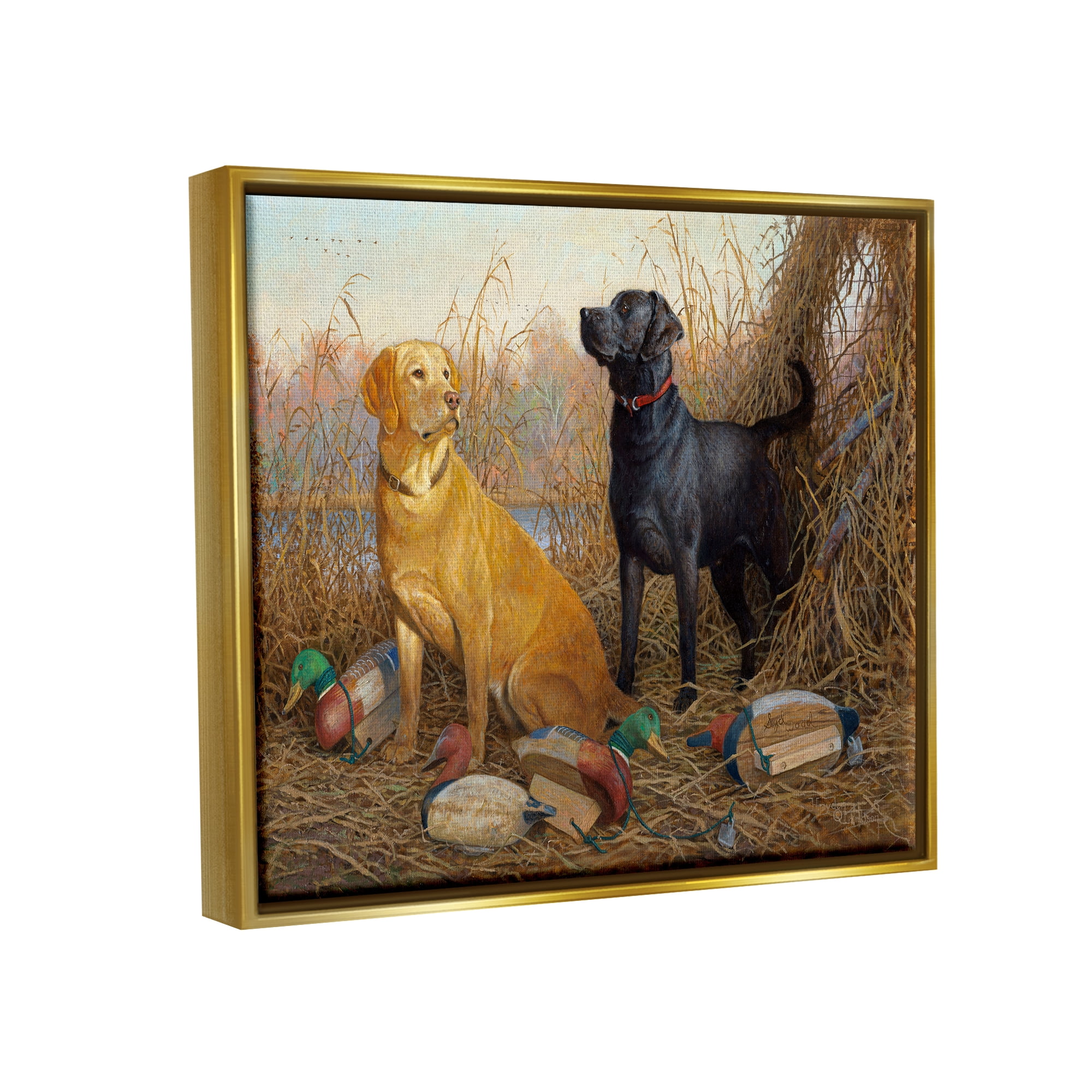 Stupell Industries Hunting Dogs with Decoys Animals & Insects Painting Gold Floater Framed Canvas Art Print Wall Art, 31 x 25