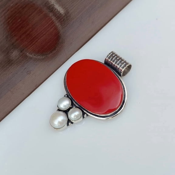 Red Coral & Pearl Natural Gemstone Pendant 925 Sterling Silver Handmade Jewelry