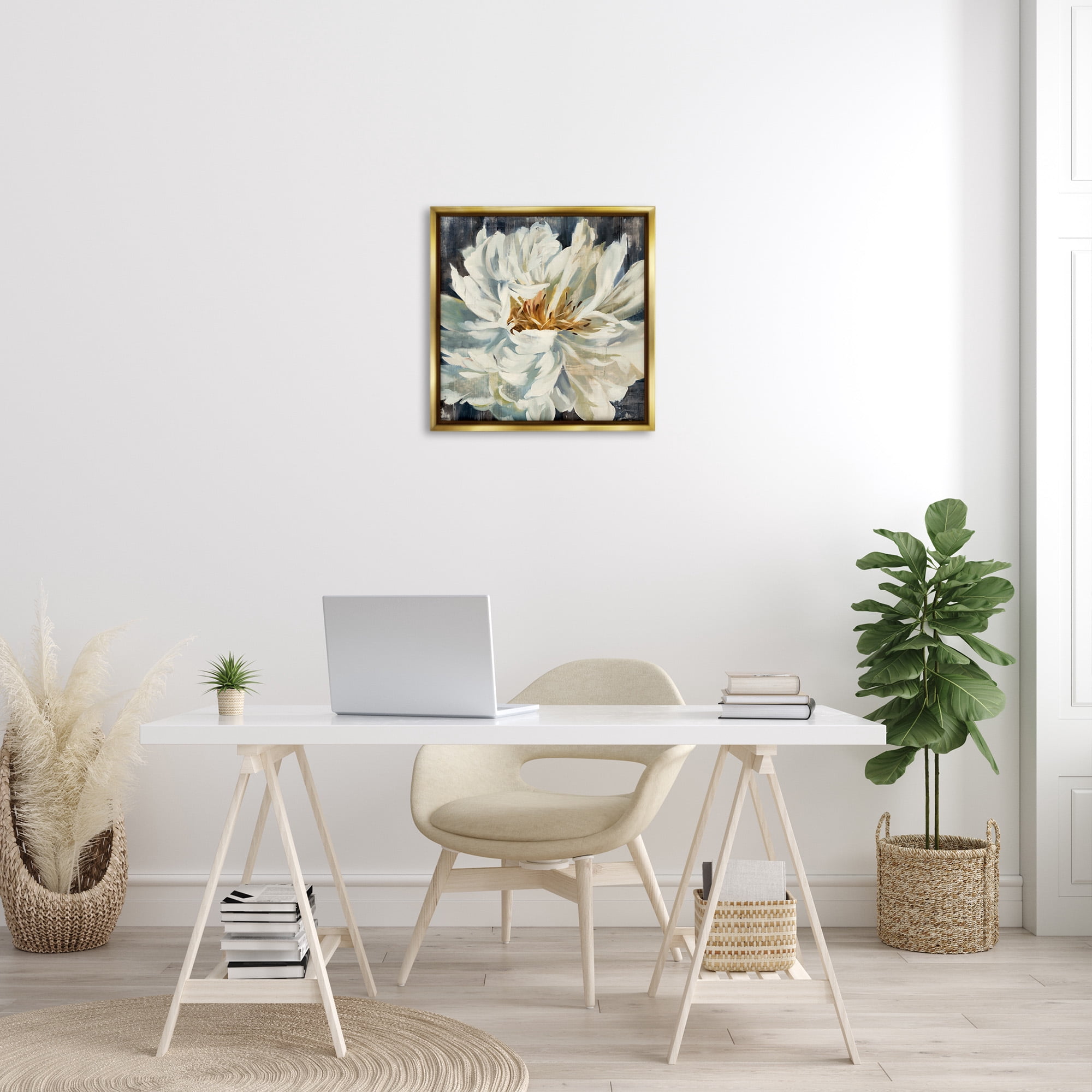 Stupell Industries Organic Blooming White Petals Botanical & Floral Painting Gold Floater Framed Canvas Art Print Wall Art, 25 x 25