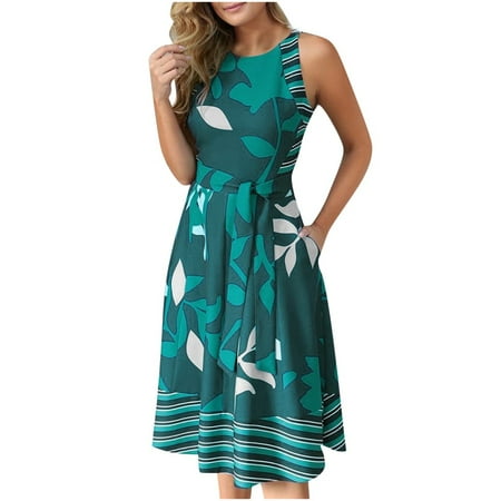 

Dresses for Women Plus Size Dress for Women Women Casual Round Neck Sleeveless Leaf Print Splice Big Swing Dress with Belt Clearance 2022 Dress Pants Women Long Dresses for Women Green S