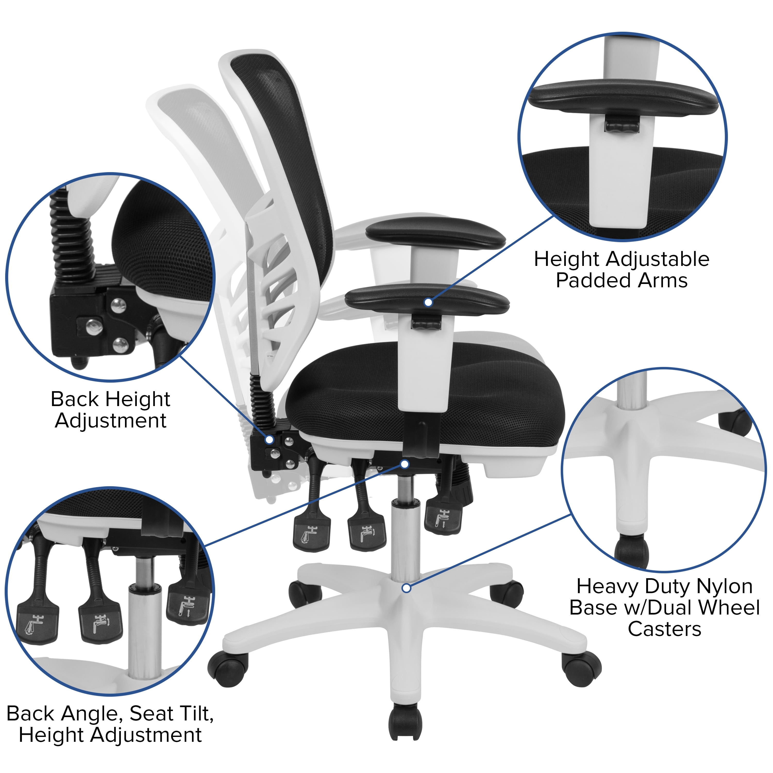 Emma + Oliver Mid-Back Black Mesh/White FrameMultifunction Ergonomic Office Chair with Arms