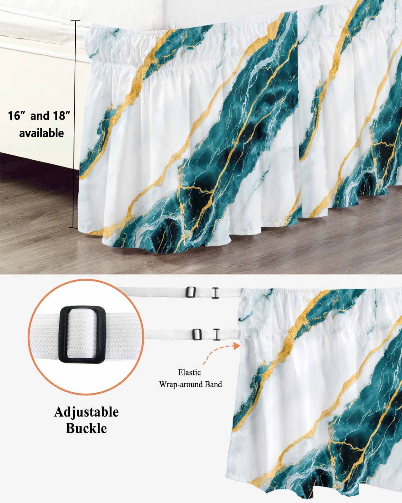 Marble Turquoise Wrap Around Bed Skirts for Queen Bed 16" Drop,Bed Skirt with Adjustable Elastic Belt Dust Ruffle Bed Valance for Bedroom Hotel Gold Foil Ceramic Style Crack Scratch Bed Frame Cover