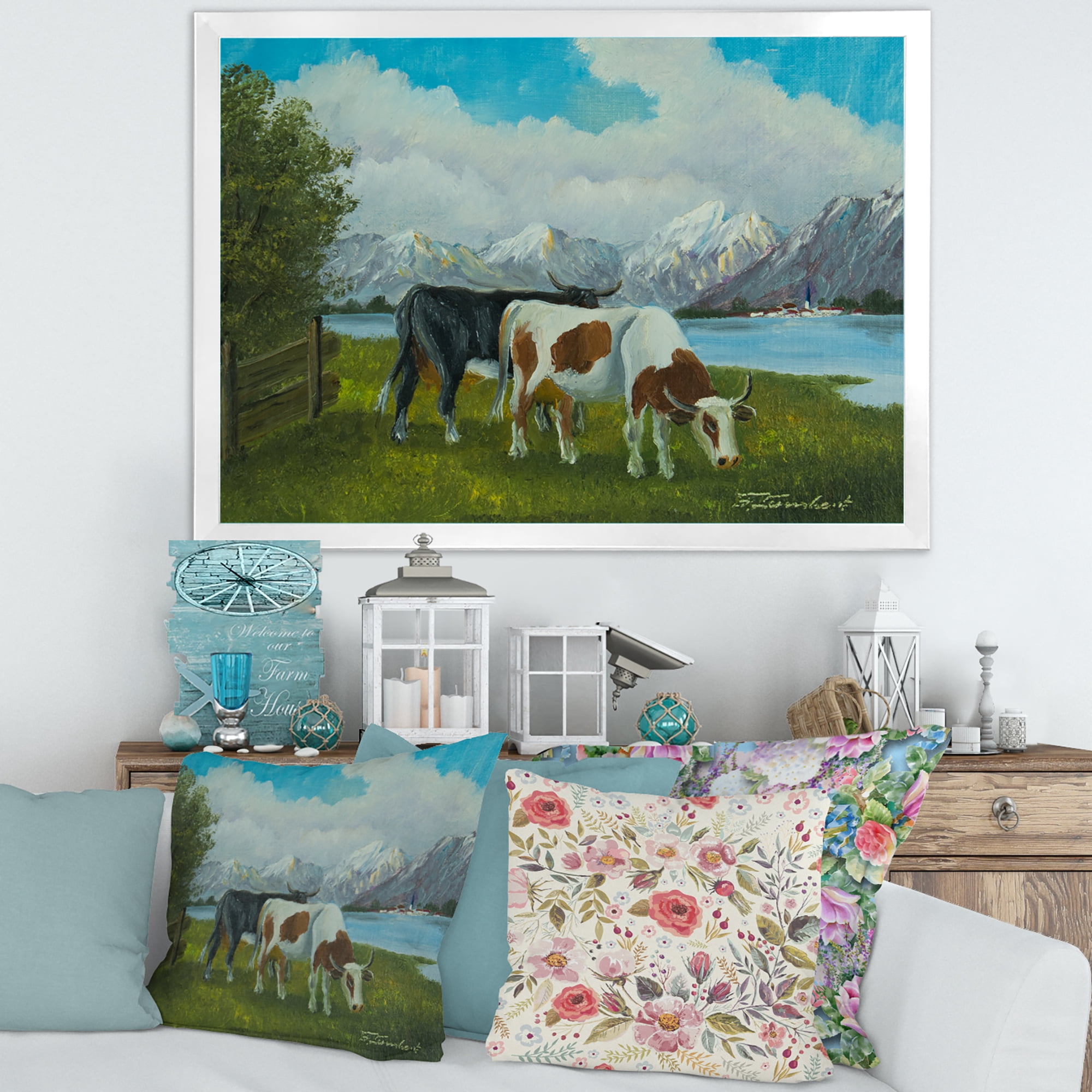 Designart 'Cows Eating Grass In Front Of A Lake' Farmhouse Framed Art Print
