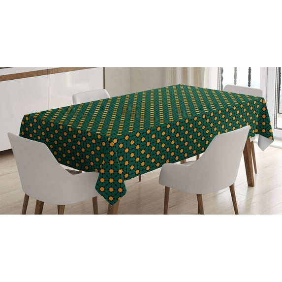 Oriental Tablecloth, Geometric Inspired Moroccan Style Folklore Floral Motif, Rectangle Satin Table Cover Accent for Dining Room and Kitchen, 52" X 70", Hunter Green Marigold, by Ambesonne