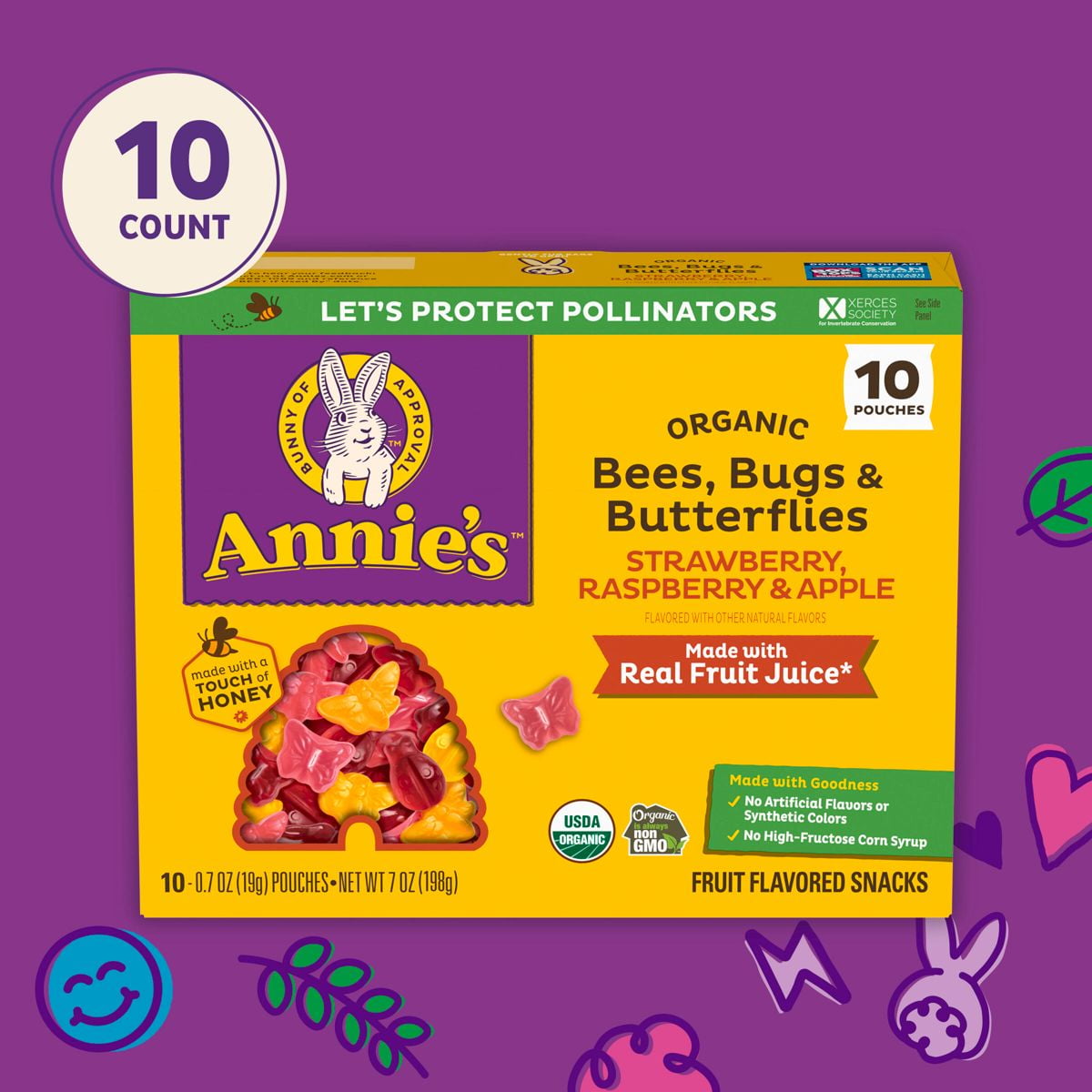 Annie's Organic Bees, Bugs Butterflies Strawberry, Raspberry Apple Fruit Snacks - 7oz/10ct - Pack of 2