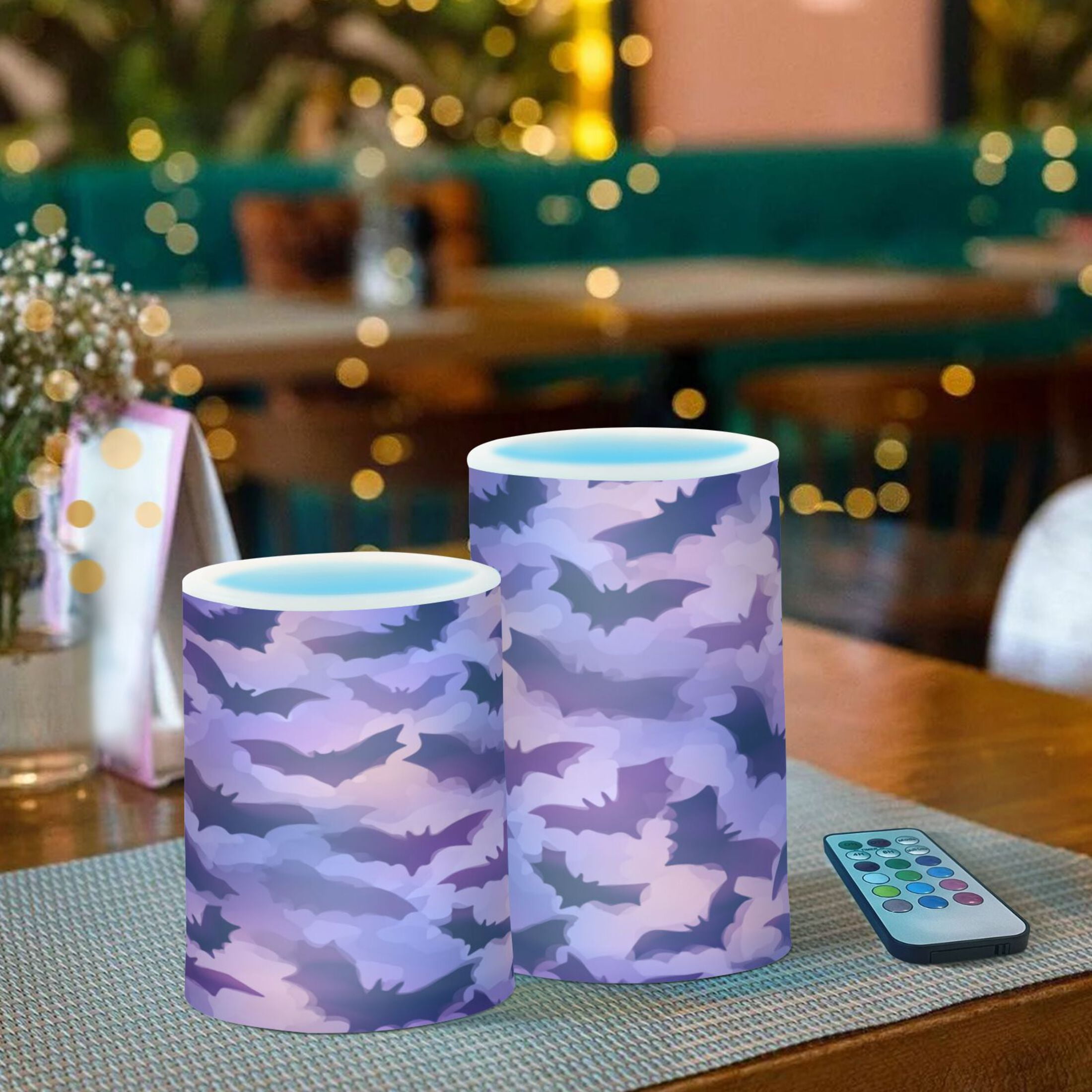 2 PCS Flameless Candles with Remote Timer LED Battery Operated Flickering Candle Light for Wedding Table Home Decoration Gifts Purple Bats Pattern