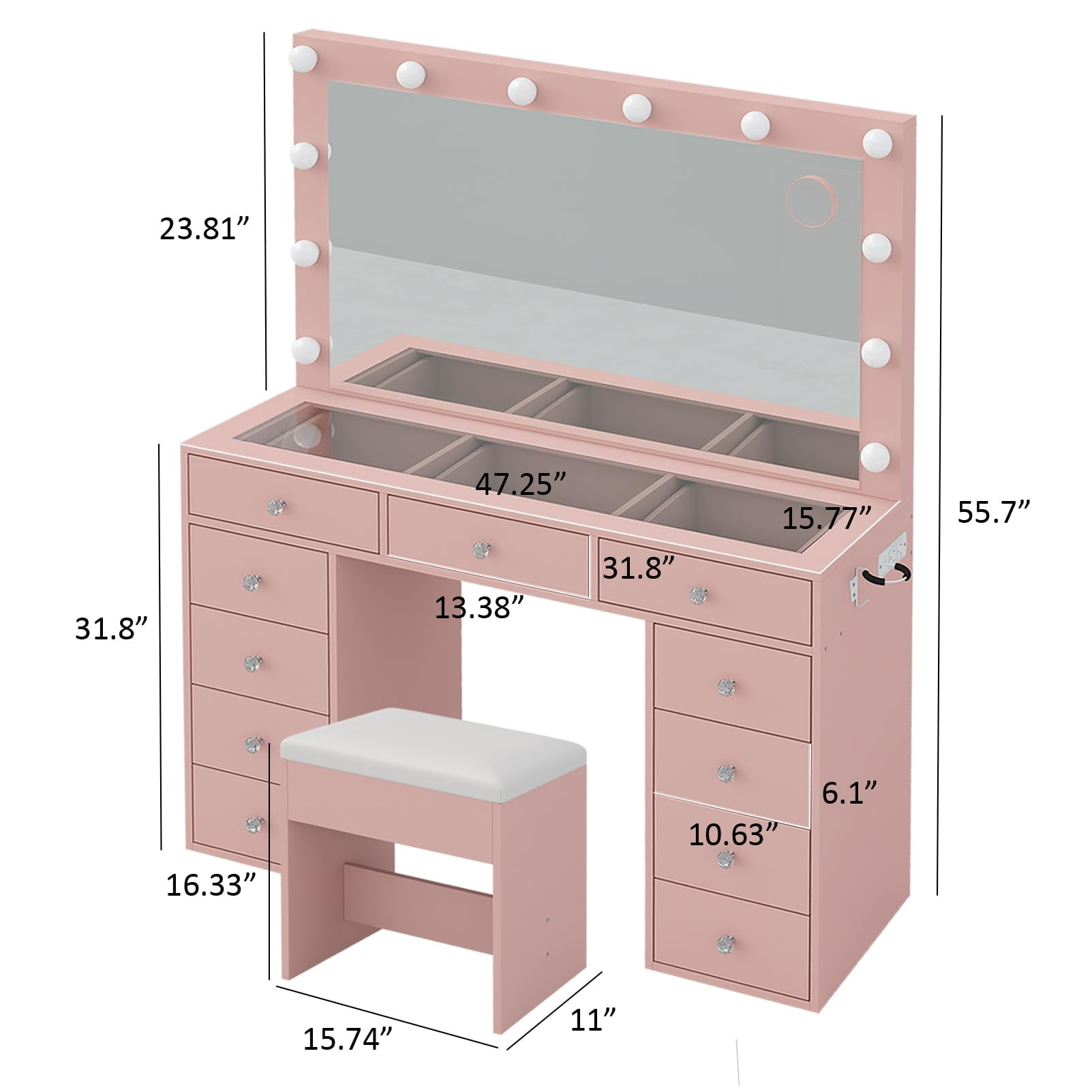 Pink Vanity Desk with Illuminated Mirror & Power Outlet, 11 Drawers Vanity Table with Chair, Makeup Vanity with 12 LED Lights, Tempered Glass Top, Dressing Table for Bedroom,Dressing Room