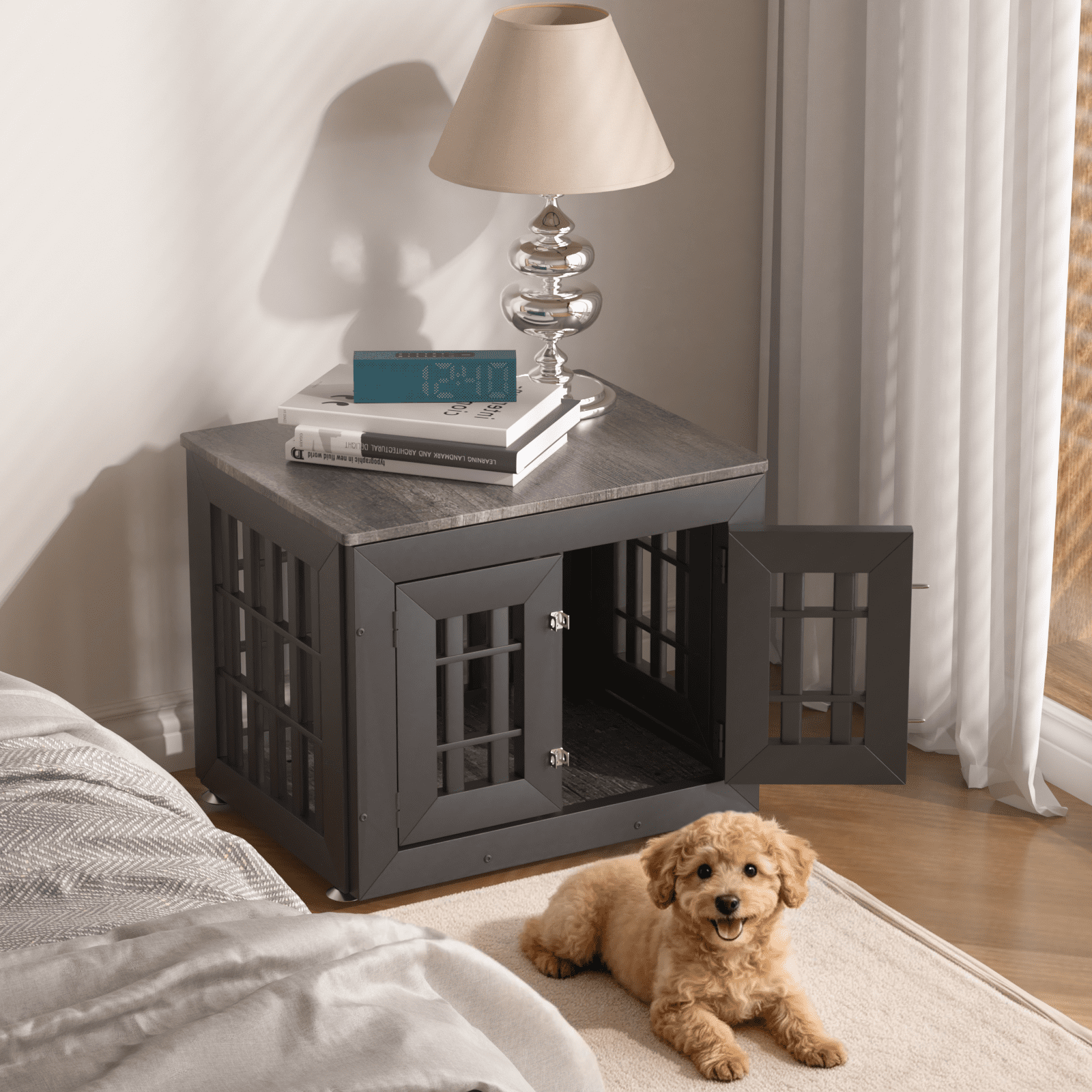Snuowu 26" Heavy Duty Dog Crate Furniture for Small,Medium and Large Dogs,Rustic Wooden Dog Cage Kennel Indoor Furniture with Waterproof Top,Decorative Pet House Side End Table (Black & Grey)