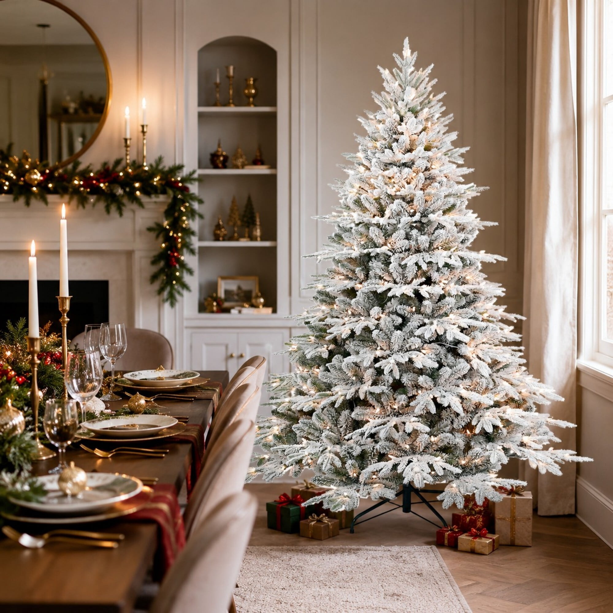 DEALTOPS 7.5ft Pre-Lit Flocked Artificial Christmas Tree, 650 Warm White Lights, 3135 Tips, Foldable Metal Stand