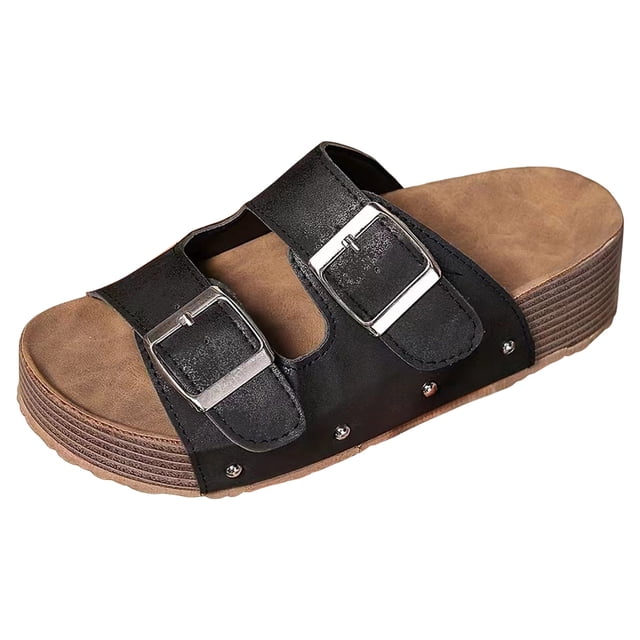 Fsqjgq Sandales pour Femmes Classiques à Double Cuir, Mules pour Femmes Confortables à Semelle en Liège, Mules Décontractées Rétro Respirantes, Sandales d'Intérieur et d'Extérieur en Plusieurs Couleurs, Mode Plage pour Femmes