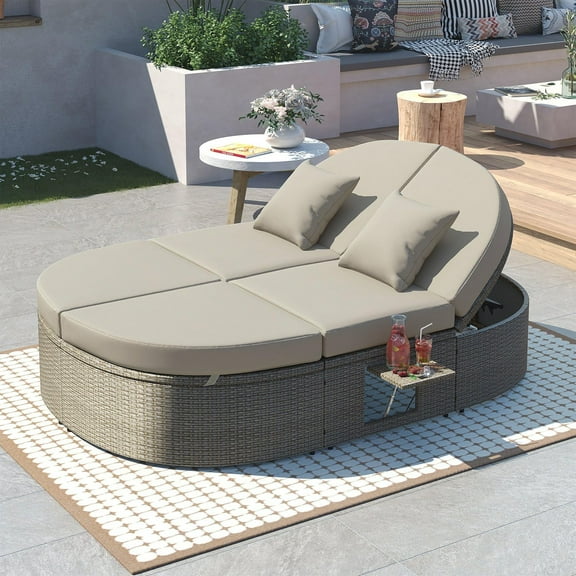 Gray Outdoor Chaise Lounge 2-Person Daybed with Adjustable Backrest, Foldable Cup Trays, PE Rattan & Cushions for Poolside, Patio, Garden