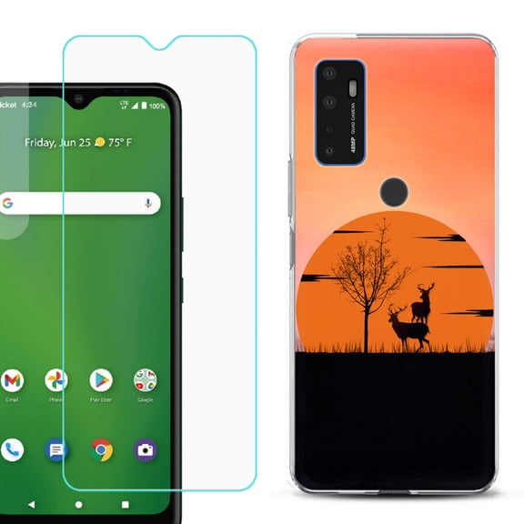 Slim-Fit Gel TPU Phone Case for Cricket Dream 5G, with Tempered Glass Screen Protector, by OneToughShield ® - Sunset Deer