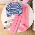 thumbnail image 2 of LIIPEE Girls Outfits Fashion Striped Long Sleeve Crew Neck Tops Casual Solid Color Pants Two Piece Set Kids Daily Comfortable Breathable Soft Cute Clothing,Blue,7-8 Years, 2 of 9