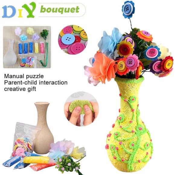 DEBGFS Trousse d'Artisanat de Fleurs pour Enfants - Créez Votre Propre Bouquet de Fleurs avec des Boutons et des Fleurs en Feutre, Jouet d'Art de Vase et Projet d'Artisanat pour Enfants, Activité Bricolage Cadeau pour Garçons et Filles de 4 5 6 7 8 9 Ans