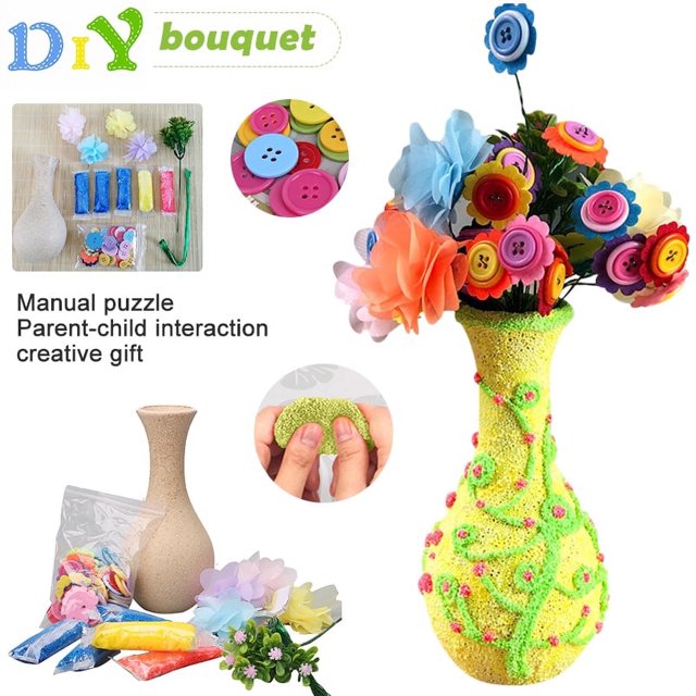 DEBGFS Flower Craft Kit for Kids - Make Your Own Flower Bouquet with Buttons and Felt Flowers, Vase Art Toy & Craft Project for Children, DIY Activity Gift for Boys & Girls Age 4 5 6 7 8 9 Year Old