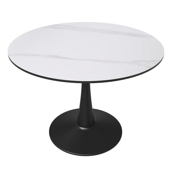 LeisureMod Round Dining Table Modern 40" Sintered Stone Tabletop with Black Steel Pedestal Base for Kitchen and Living Room Bristol Series in White