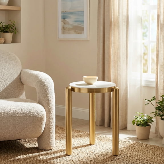 Noan Side Table White & Gold End Table, Modern Style, Marble round shape tabletop, MDF, Indoor Living