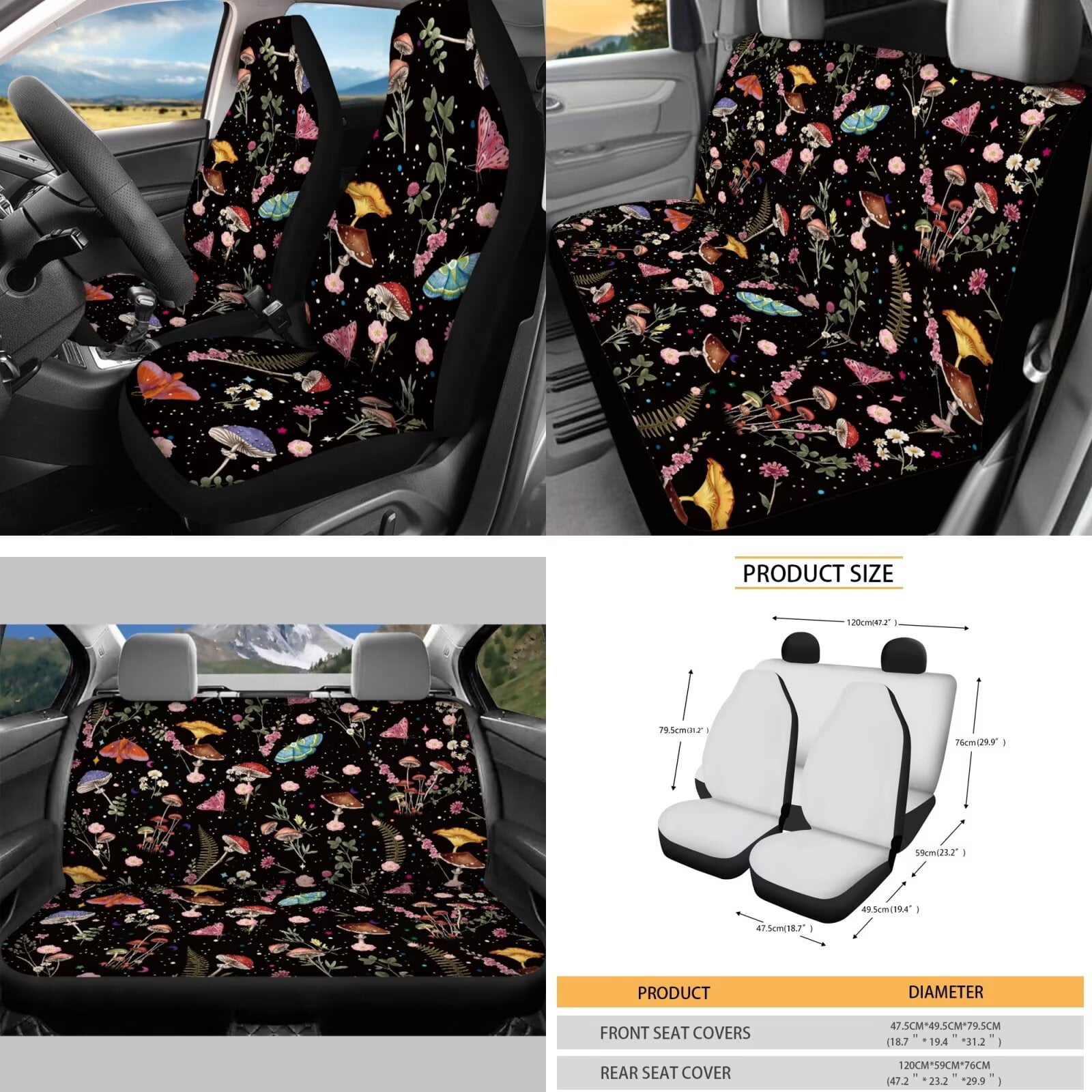 Garronmavis Aesthetic Mushroom 16 Pcs Car Accessories Set Car Seats Belts Shoulder Pad Covers Keychain Gear Shifting Knob Cover Cup Mats Front Window Sunshade Rearview Mirror Cover