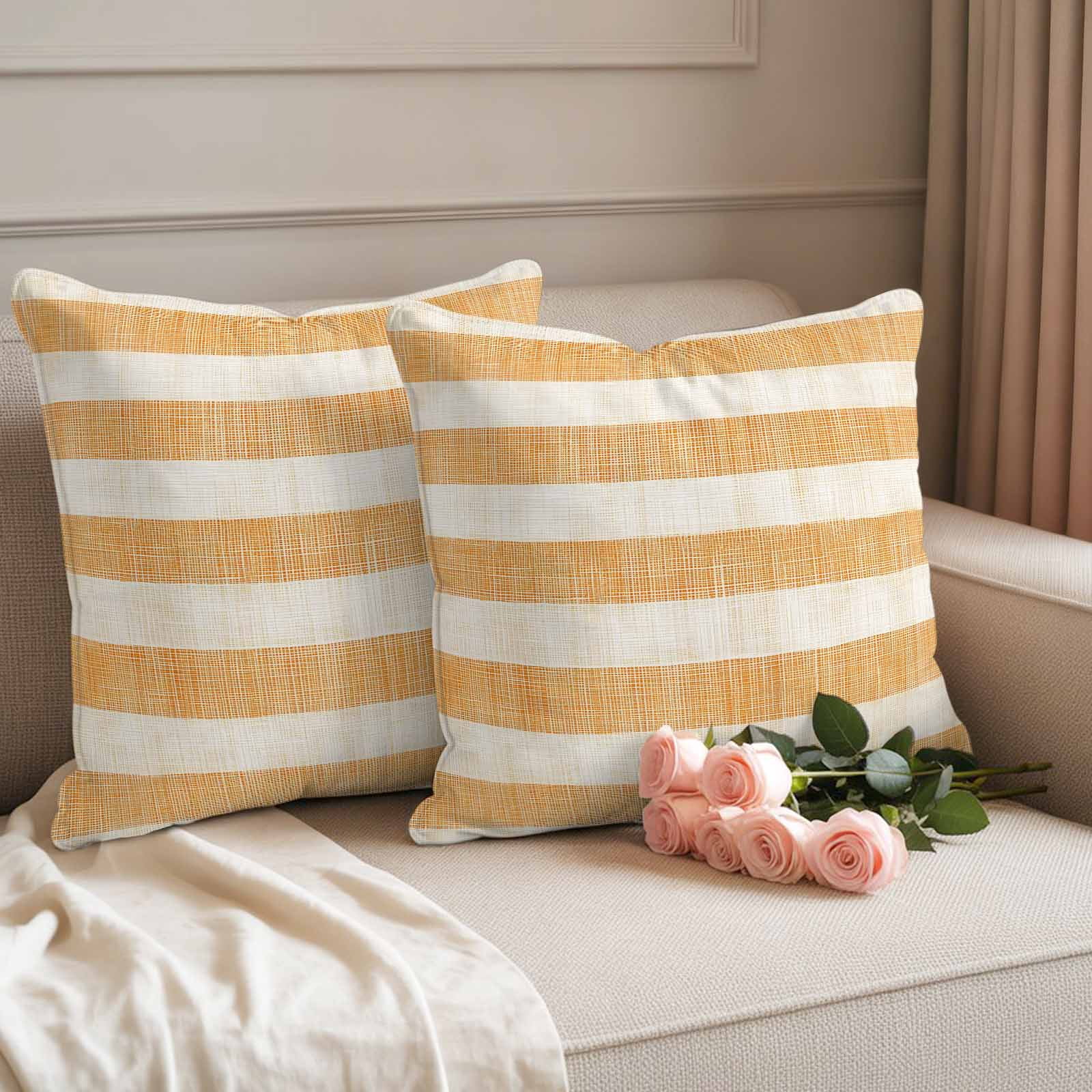 Burnt Orange Striped Outdoor Waterproof Pillow Covers, Farmhouse Vintage Stripes Decorative Square Throw Pillowcase Sofa Cushion Sham for Patio/Couch/Chair, 16"x16" 2 Pack
