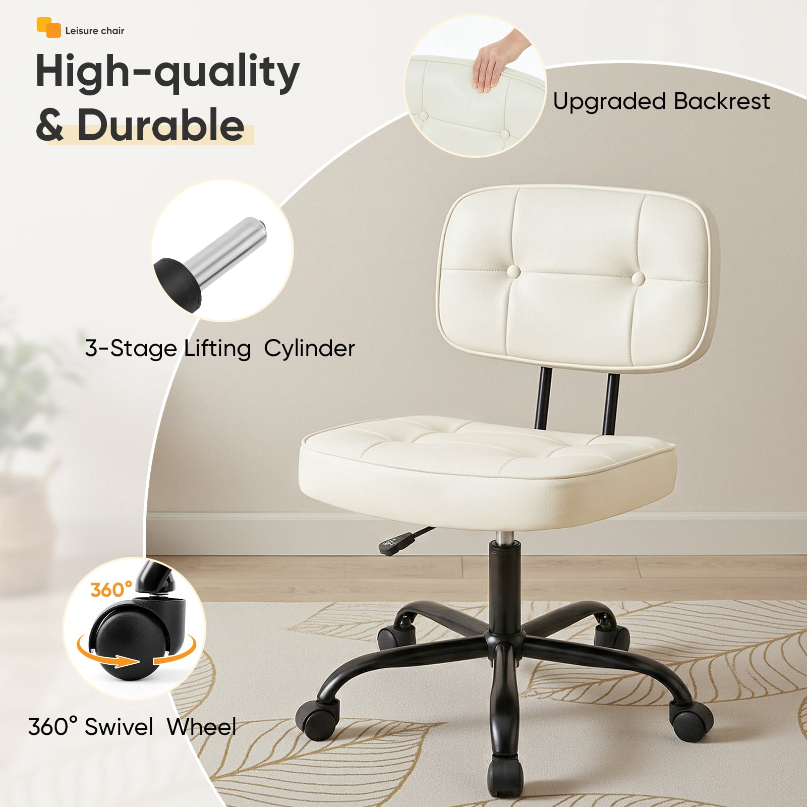 Gianna Ergonomic PU Leather Desk Chair, Armless Rolling Chair with Thickened Cushion for Small Spaces
