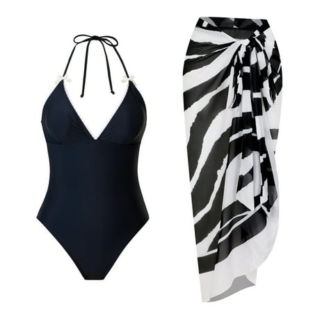 Wyobmus Womens Bikini Sets 2 PCS Tummy Control Swimwear Modest One-Piece V Neck Halter Swimsuits With Printed Beach Cover Up A-Black