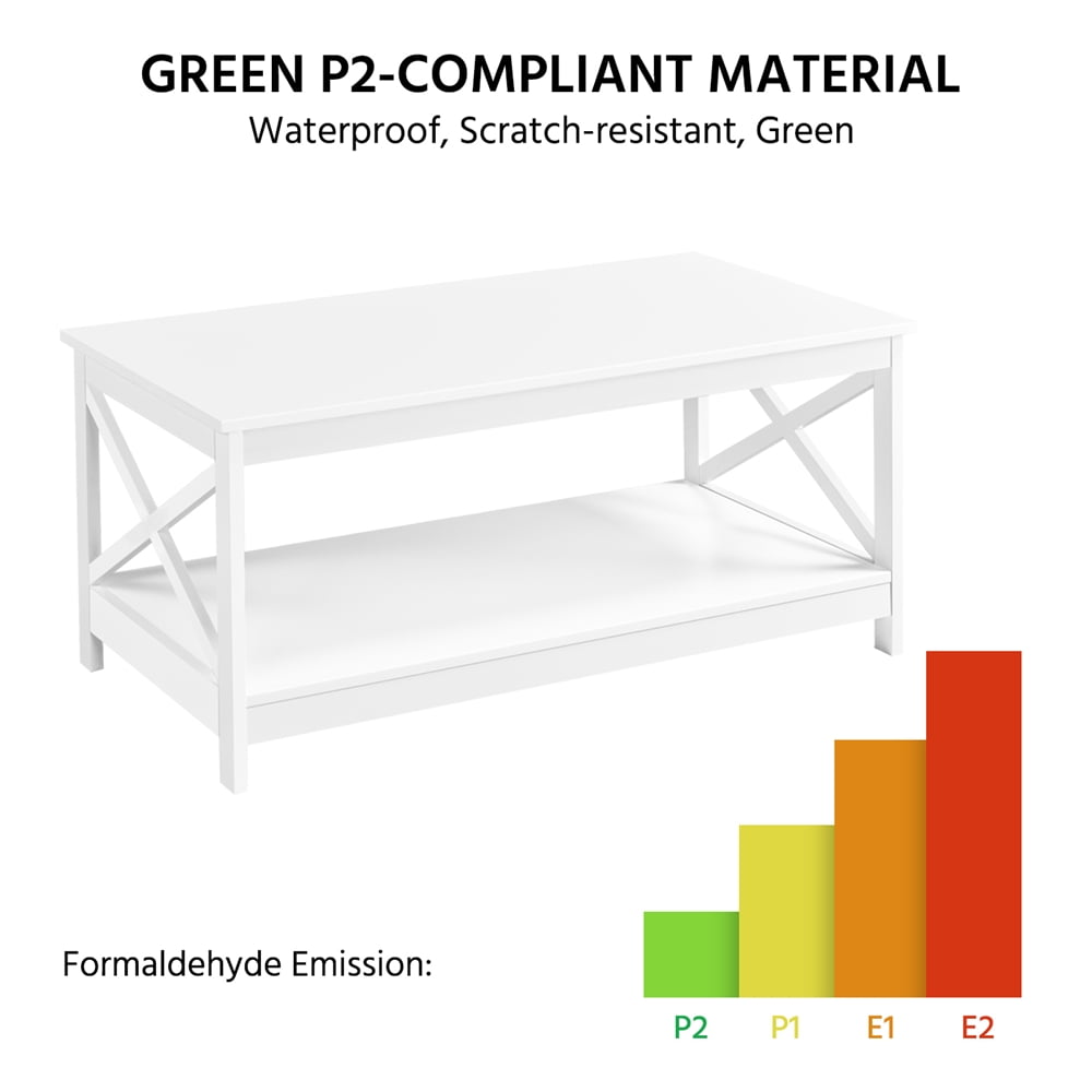 Alden Design  39.5 in 2-Tier Wood x Design Coffee Table with Storage Shelf for Living Room, White
