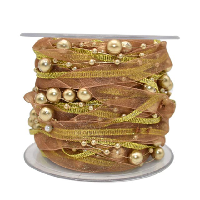 Ribbon HDST-HOME con cuentas de perlas doradas de 10 m, ribete de encaje y organza