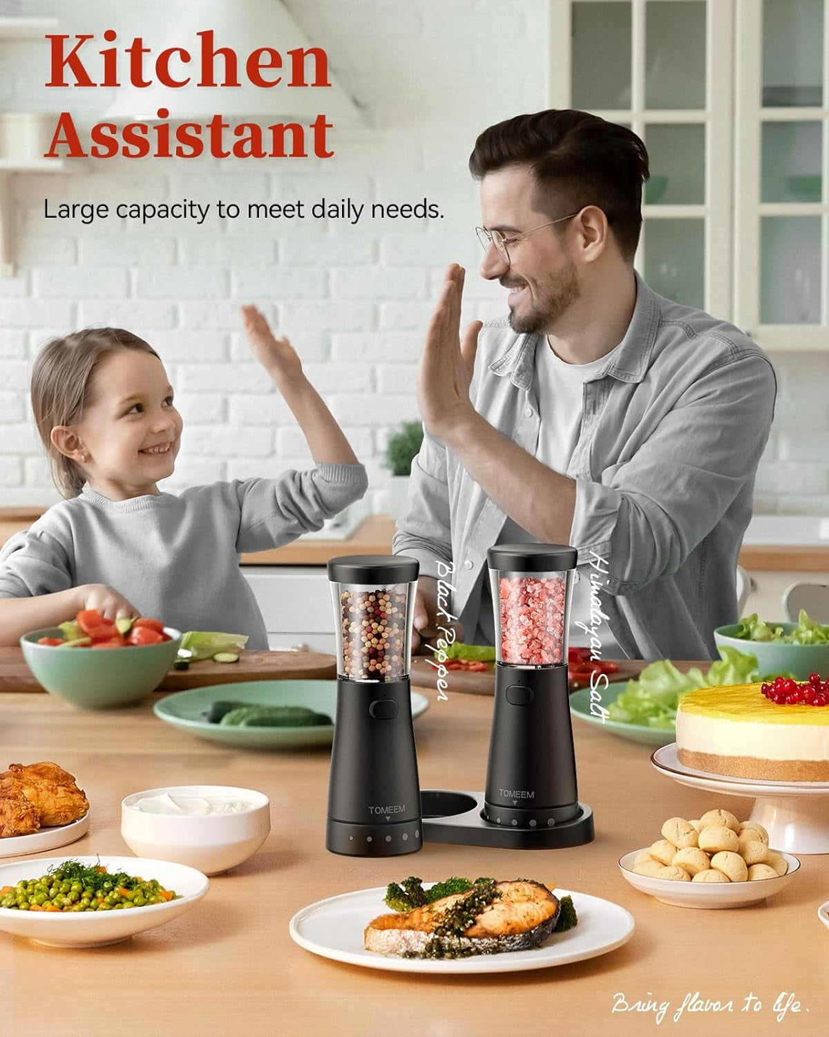 Tomeem Electric Salt and Pepper Grinder Set Rechargeable Adjustable Coarseness Stainless Steel Automatic Shaker with Light