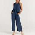 thumbnail image 6 of MSJUHEG Two Piece Outfits For Women Fall Outfits 2 Piece Outfits Sleeveless Ruffle Tank Crop Top & Wide Leg Pants Set With Pockets Linen Pants Dark Blue S, 6 of 8