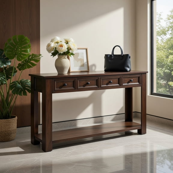 Topcobe 63 Inches Farmhouse Entryway Table with 4 Storage Drawers and Open Shelf, Modern Furniture for Living Room, Bedroom-Espresso