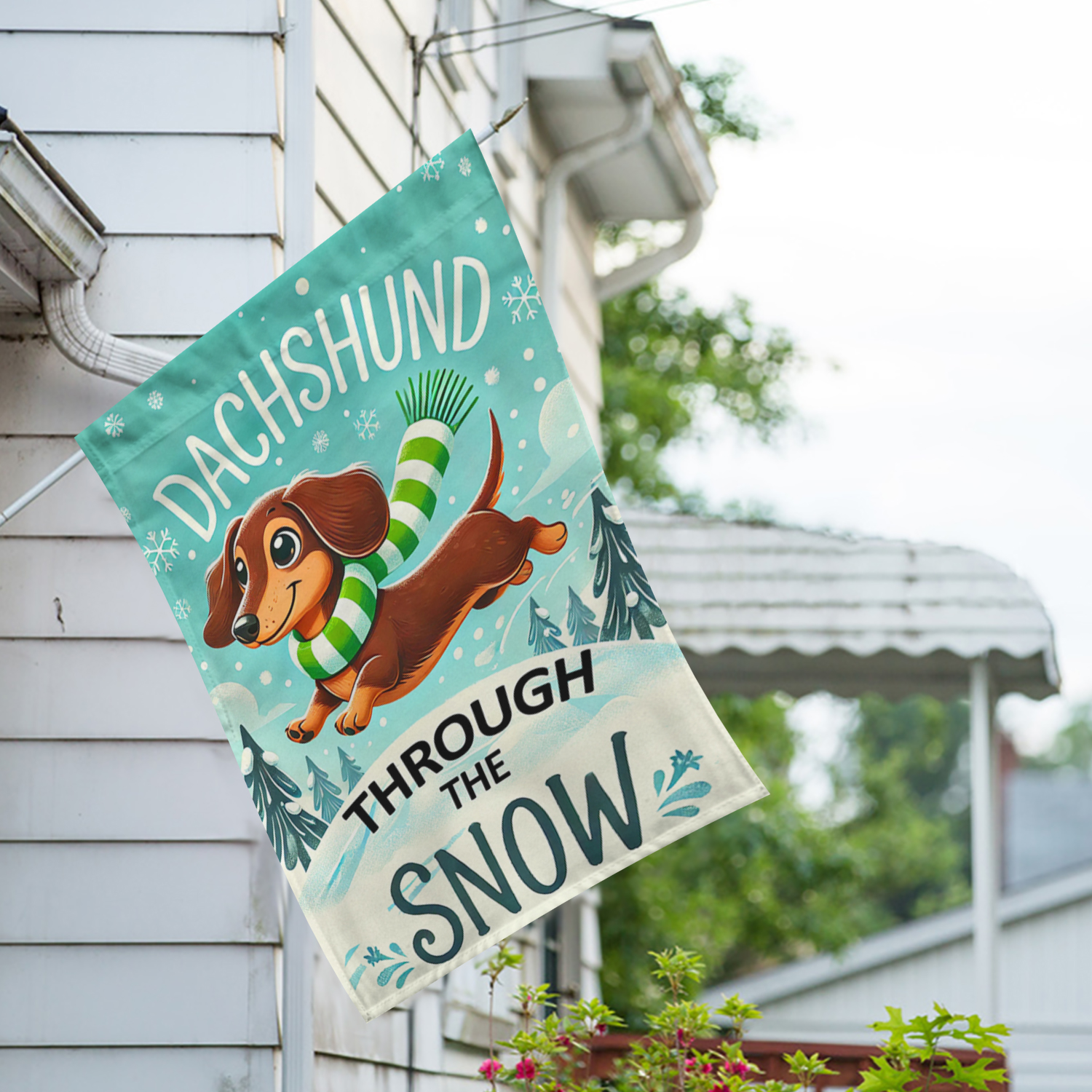 America Forever Dachshund Through Snow House Flag, 28 x 40 inch Double Sided, Winter Dog Banner, Playful Doxie Scarf Outdoor Decor, Holiday Outside Decorations Yard Flag