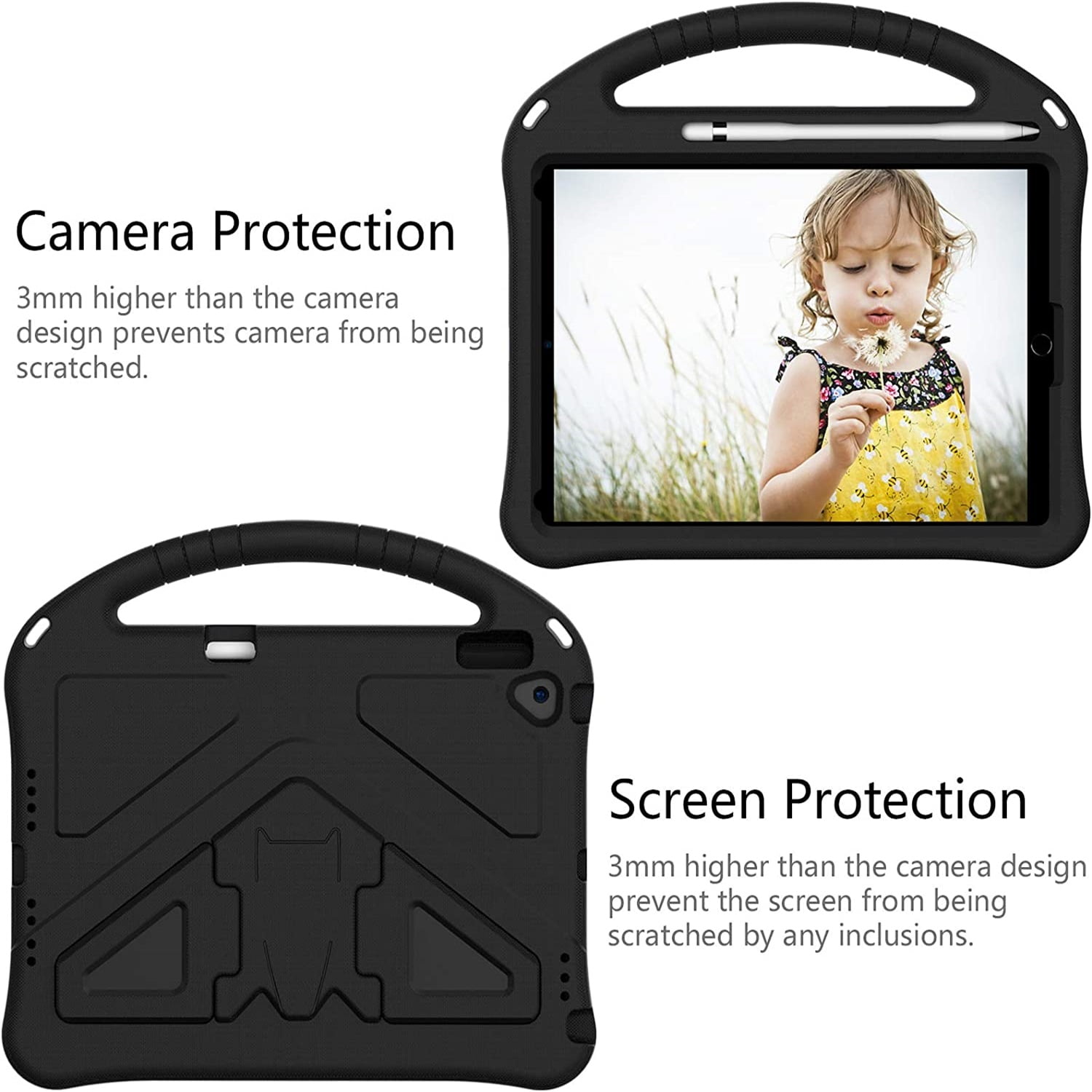 Cowithday Kids Case for iPad 9th/8th/7th Generation iPad 10.2 (2021/2020/2019) with Kickstand/Handle Stand/Pencil Holder [Screen Protector] Lightweight Soft EVA Foam Shockproof Cover Boy Girl,Black