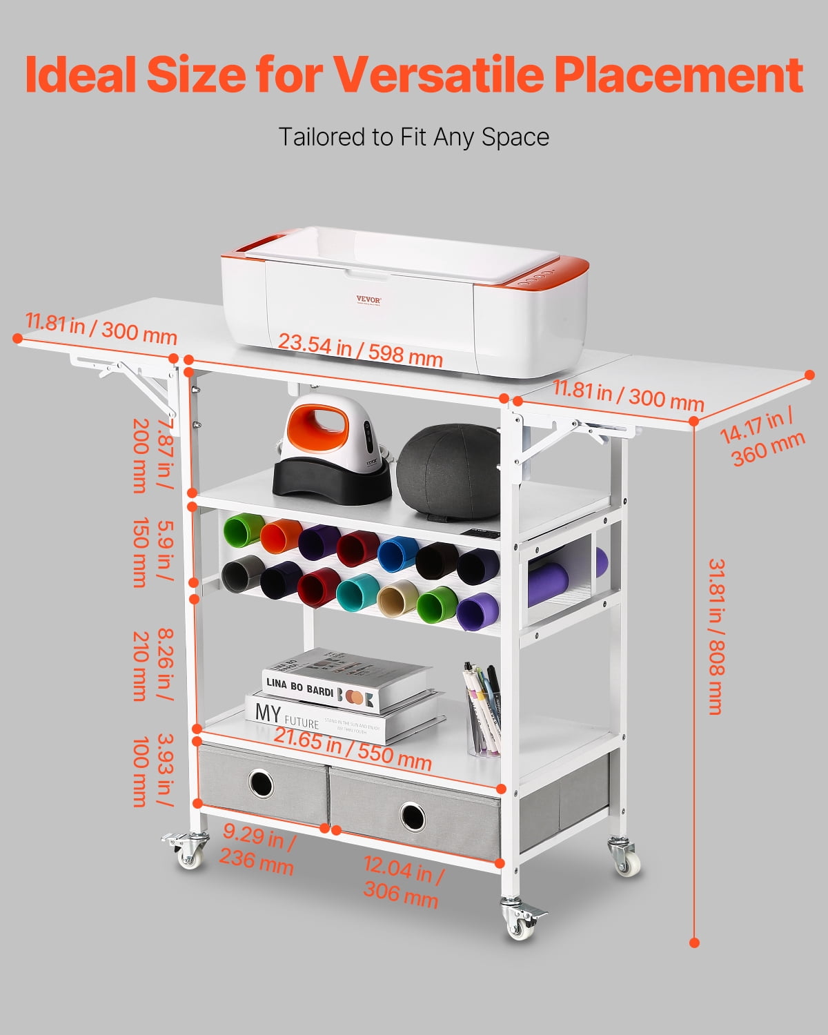 VEVOR Rolling Craft Cart and Storage Table, Compatible with Cricut Machines, Collapsible Cricut Table with Foldable Sides, Craft Rolling Storage Organizer with 14 Vinyl Roll Holders and 2 Drawers