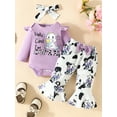 thumbnail image 2 of FEORJGP Infant Girls Fall Outfit Newborn Baby Long Sleeve Jumpsuit Letters Print Romper Crew Neck Bodysuit with Cow Print Flare Pants and Headband Clothing Set, 2 of 9