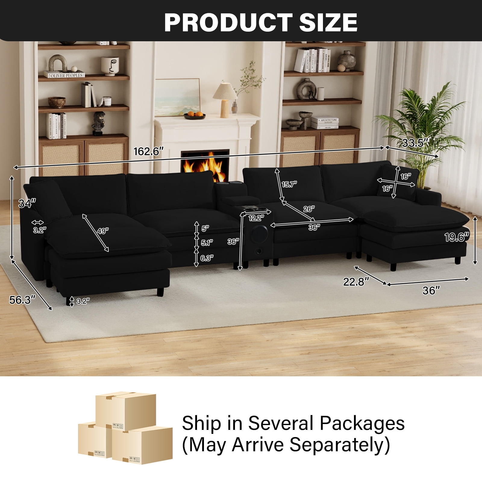 Wiilayok 163.2" U Shaped Sectional Sofa,Velvet Cloud Modular Sectional Sofa Couch Set with Double Chaise,Central Console,Cup Holder for Living Room,Black