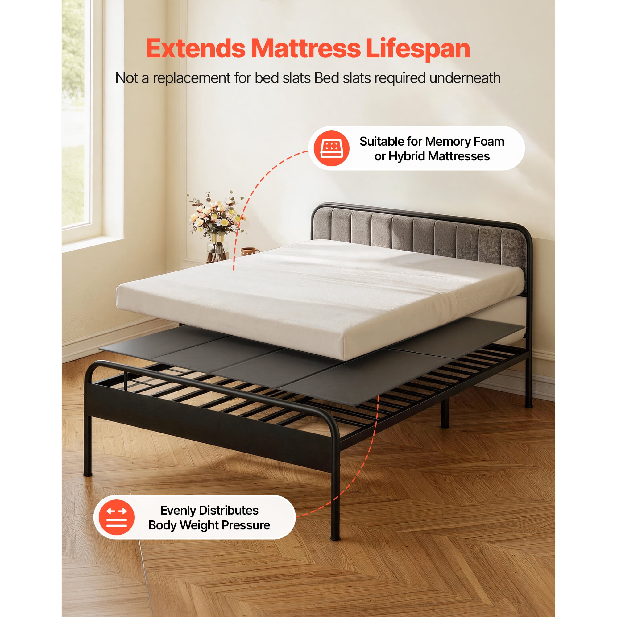 KFFKFF King Size Foldable Bunkie Board, 80.3 x 75.9 in, Mattress Support with Hook-and-Loop Straps, Durable PP Core and 600D Oxford Fabric, Designed to Prevent Sagging for Metal Frames, Bunk Beds