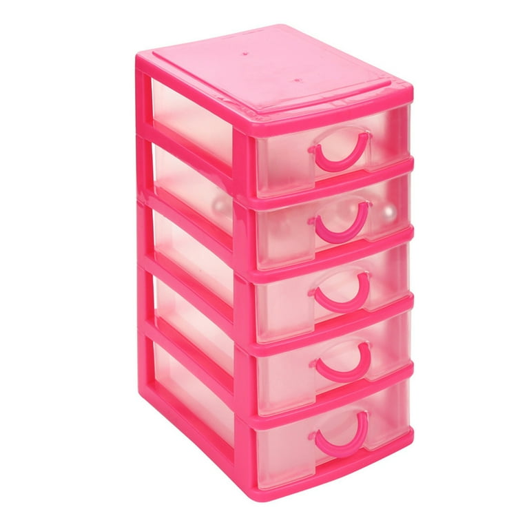 PIMOXV 3/5 Drawer Plastic Storage, Mini Drawer Unit, Pink Frame with Clear Drawers for Craft Storage, Size: XL, Red