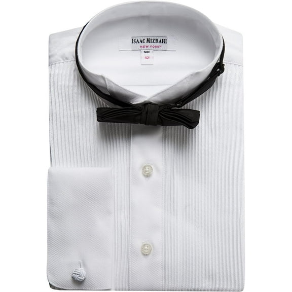 Isaac Mizrahi Boy's 100% Cotton Long Sleeve Wing Tip Collar Tuxedo Shirt with Bowtie