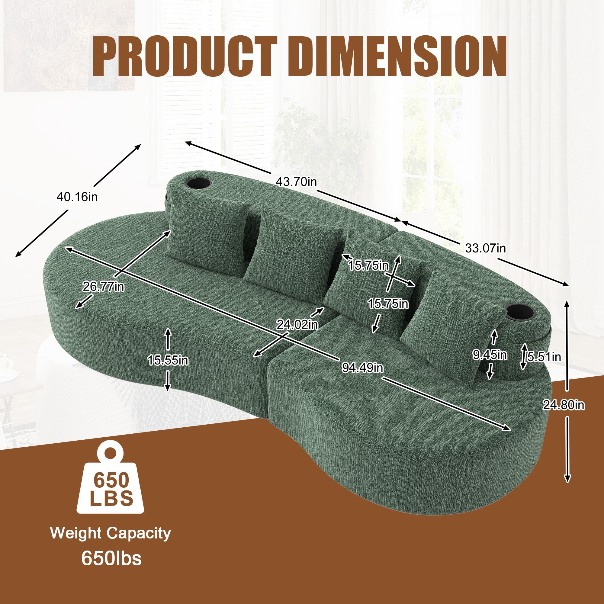 Sailvan Modern Curved Sectional 3 Seat Sofa,Minimalist Half Moon Modular Couch for Living Room,Office and Apartment,Soft Chenille Fabric Green