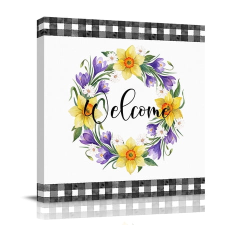 Welcome Canvas Wall Art for Living Room Vintage Purple Yellow Floral Wreath Black Plaid Border Wall Decor Framed Artwork Pictures Ready to Hang for Bedroom Office Home Decor